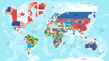 World map, depicting each country's flag within its boundaries